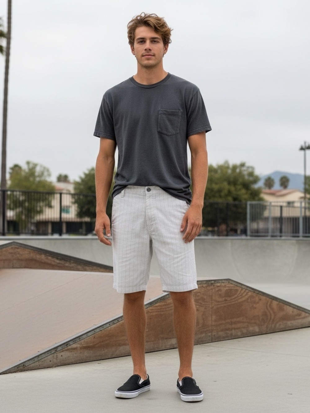 Vans Men's White Pinstripe Flat Front Shorts